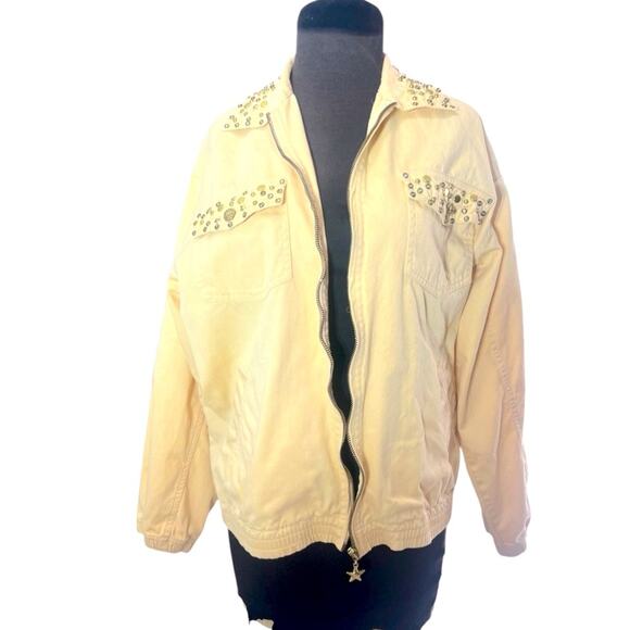 Vtg Yellow Star Celestial Studded Zip Front Relaxed Boho Bomber Jacket Womens S - Picture 2 of 7